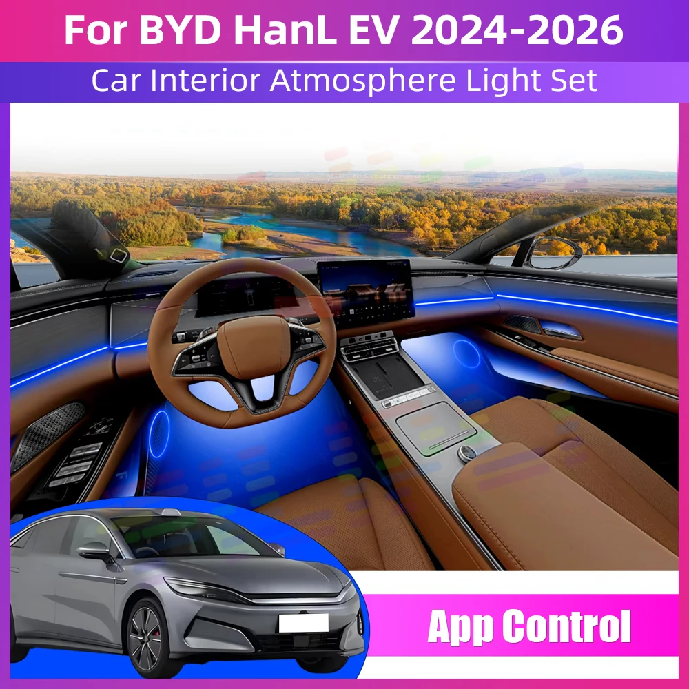 

Комплект светодиодных атмосферных ламп для BYD HanL EV 2024 2025 2026: скрытые неоновые полосы для интерьера авто, 64 RGB-цвета
