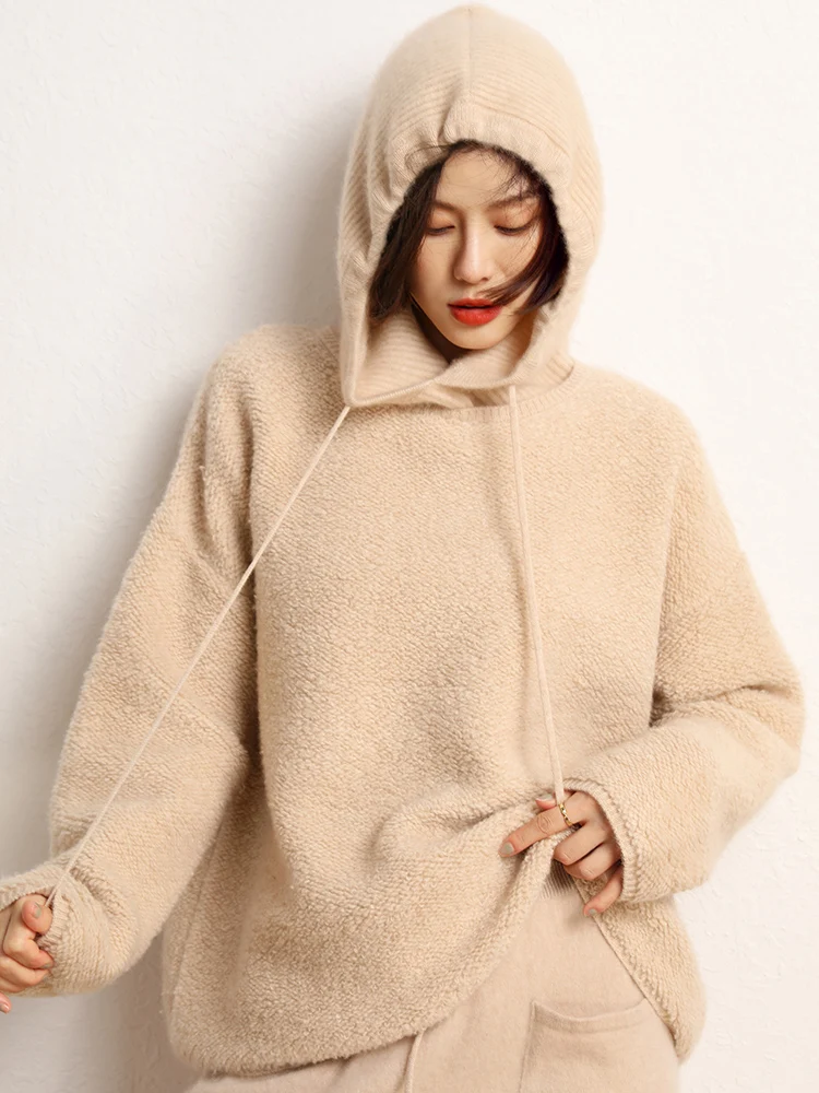 シックな女性 100% カシミヤフード付きスカーフニット帽子暖かいプルオーバーフード付きスカーフ秋冬カジュアルシンプルなスタイルカシミヤトップス