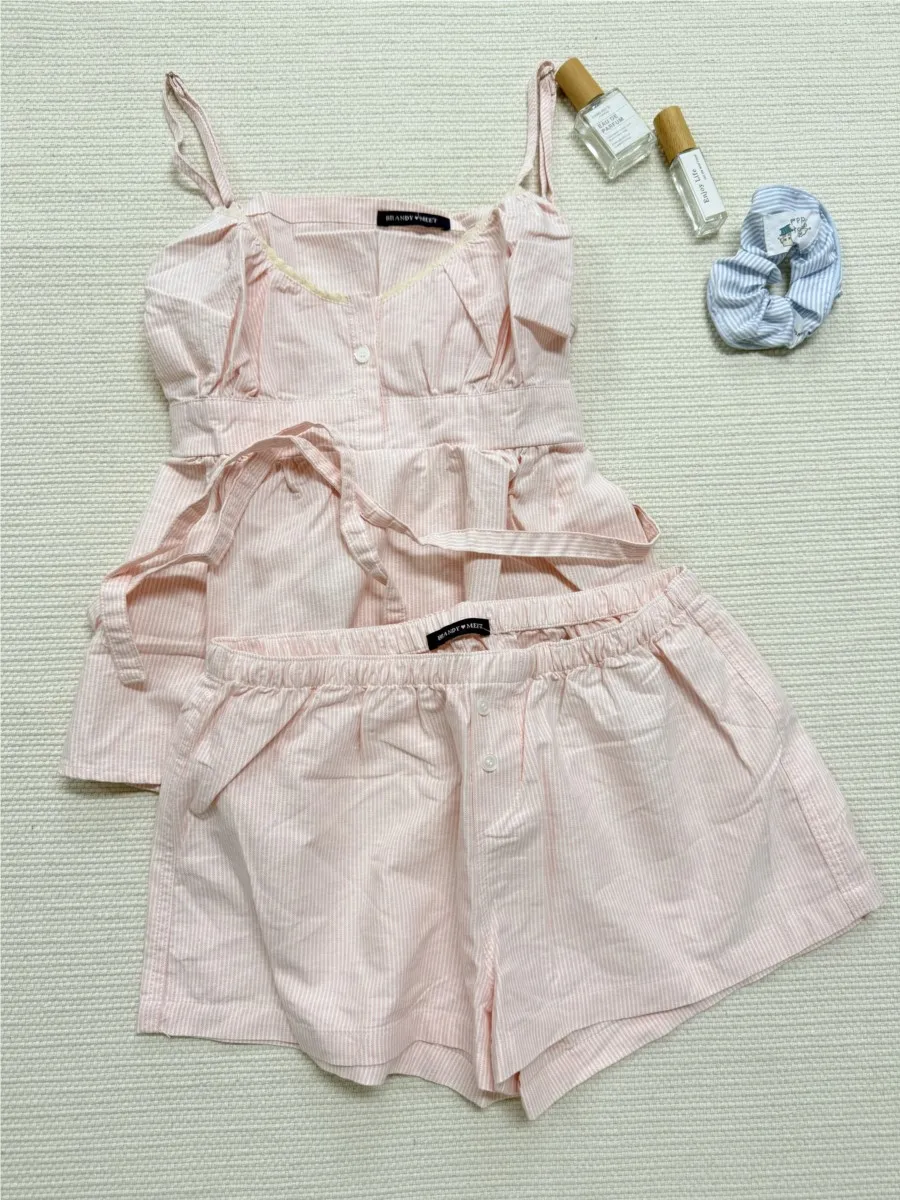 Pink Striped Lace Trim Tank Shorts Set Suit Women New Button Camisole +Elastic Waist Short Pant Sweet Cute Home 2 Piece Sets Y2K view 2