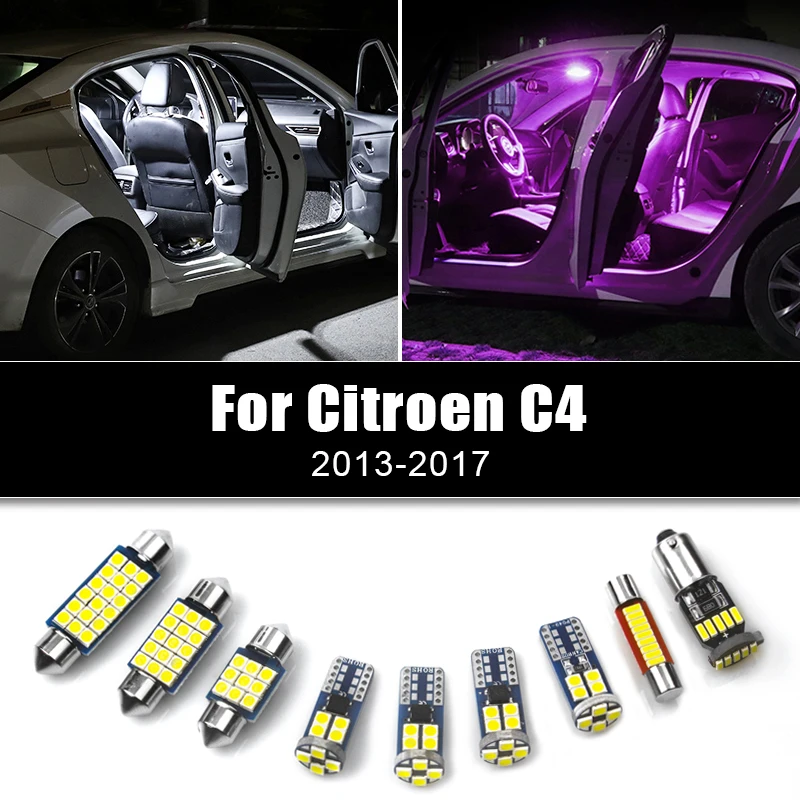 For Citroen C4 2013 2014 2015 2016 2017 8pcs 12V Car LED Bulbs Interior Dome Reading Lamps Glove Box Trunk Lights Accessories