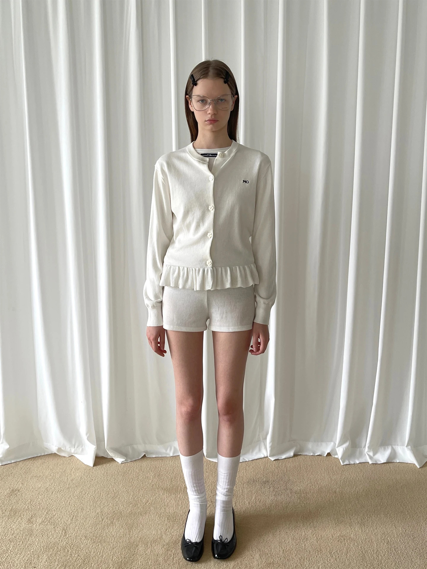 

White Lace Trim Long Sve Open Cardigan Embroidered Logo PFF GIRL Korean Sle Slim Fit Cotton Pure Color round Ne Button