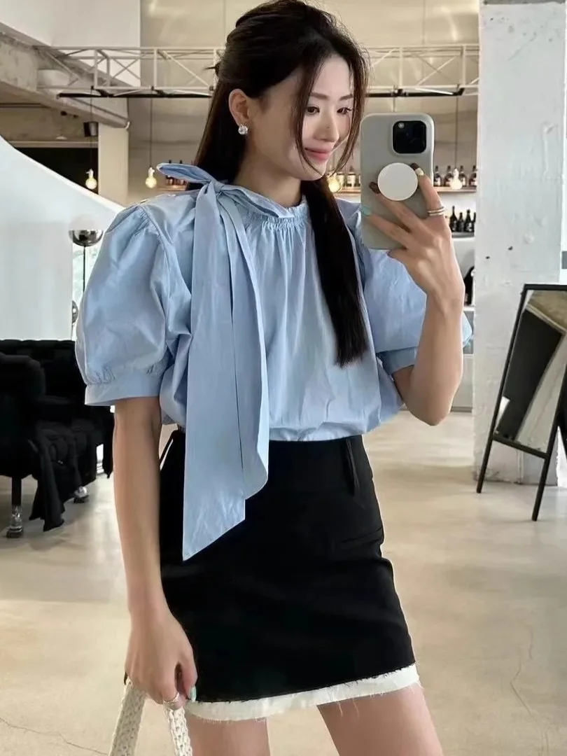 

Retro Court Sle ort Sve irt Summer New High-End Pure Color Knot Tie Leading Lady irt Bubble Sve UV Pr...