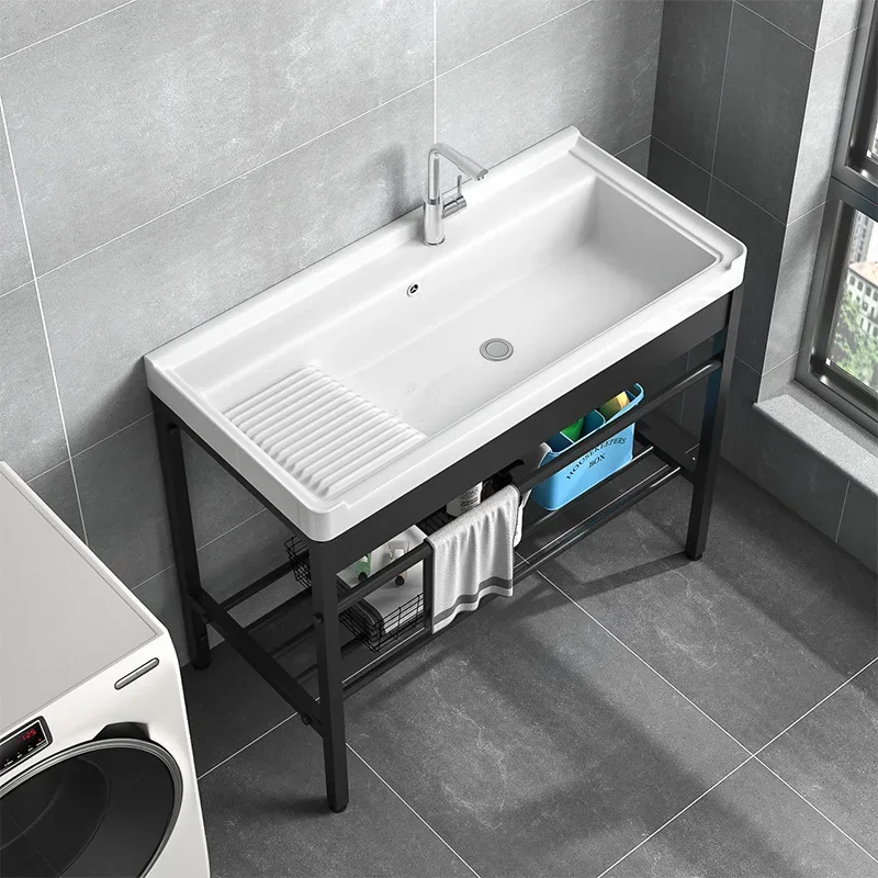 Stainless steel balcony floor-to-ceiling wash basin bracket bathroom ceramic wash basin cabinet combined integrated basin