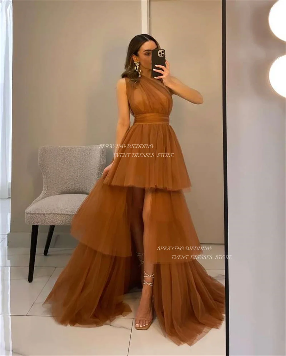 SPRAYING Tiered Tulle Evening Dresses Custom Made High Slit A-line Prom Gown Elegant Sleeveless Party Dress Custom Made