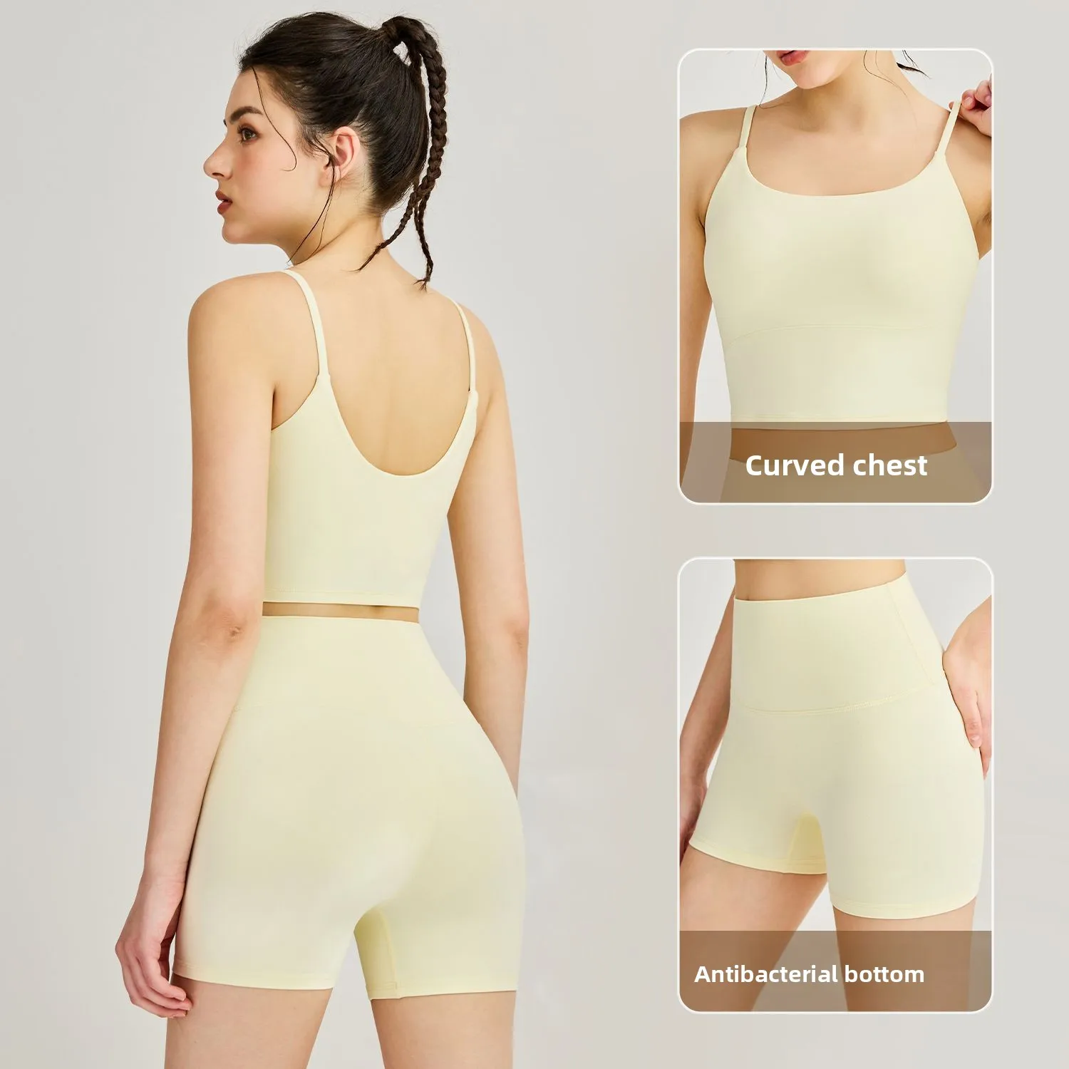 

Spring Summer Sports Underwear Nude Beautiful Back Cross Vest & Hip Lifting Shorts Set for Running Fitness Women