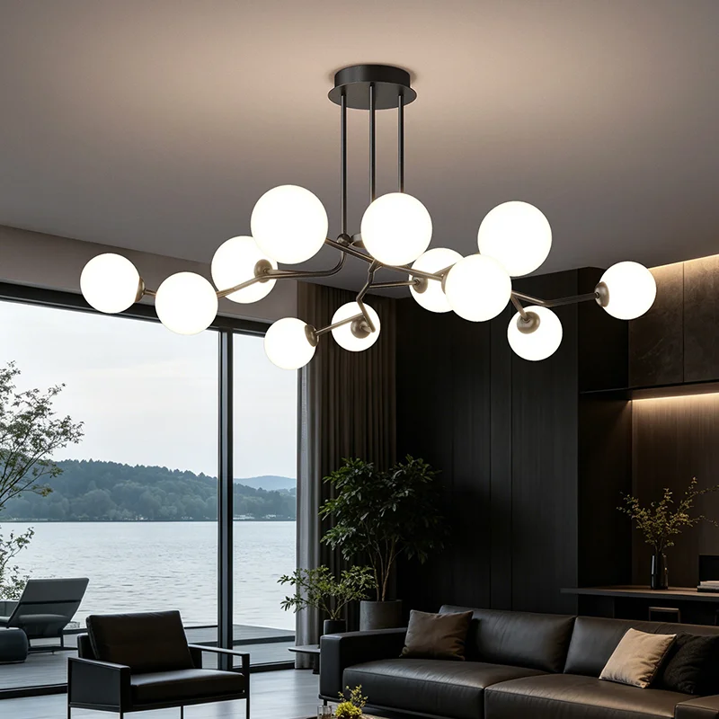 Nordic minimalist home decor lighting fixtures, including living room chandeliers, bedroom and dining room chandeliers, and indo