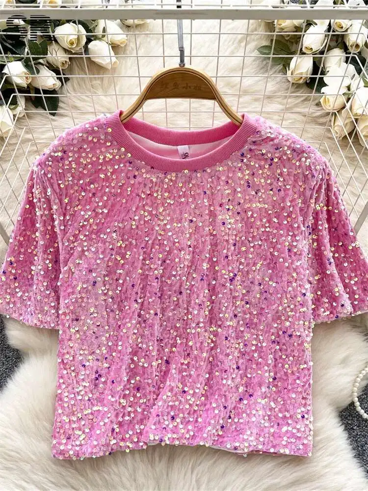 

BabYoung Basics Sequined Mini Tops Short Sleeve O Neck Slim Design Blouses 2025 Newest Women Streetwear Senior Veet Shirts