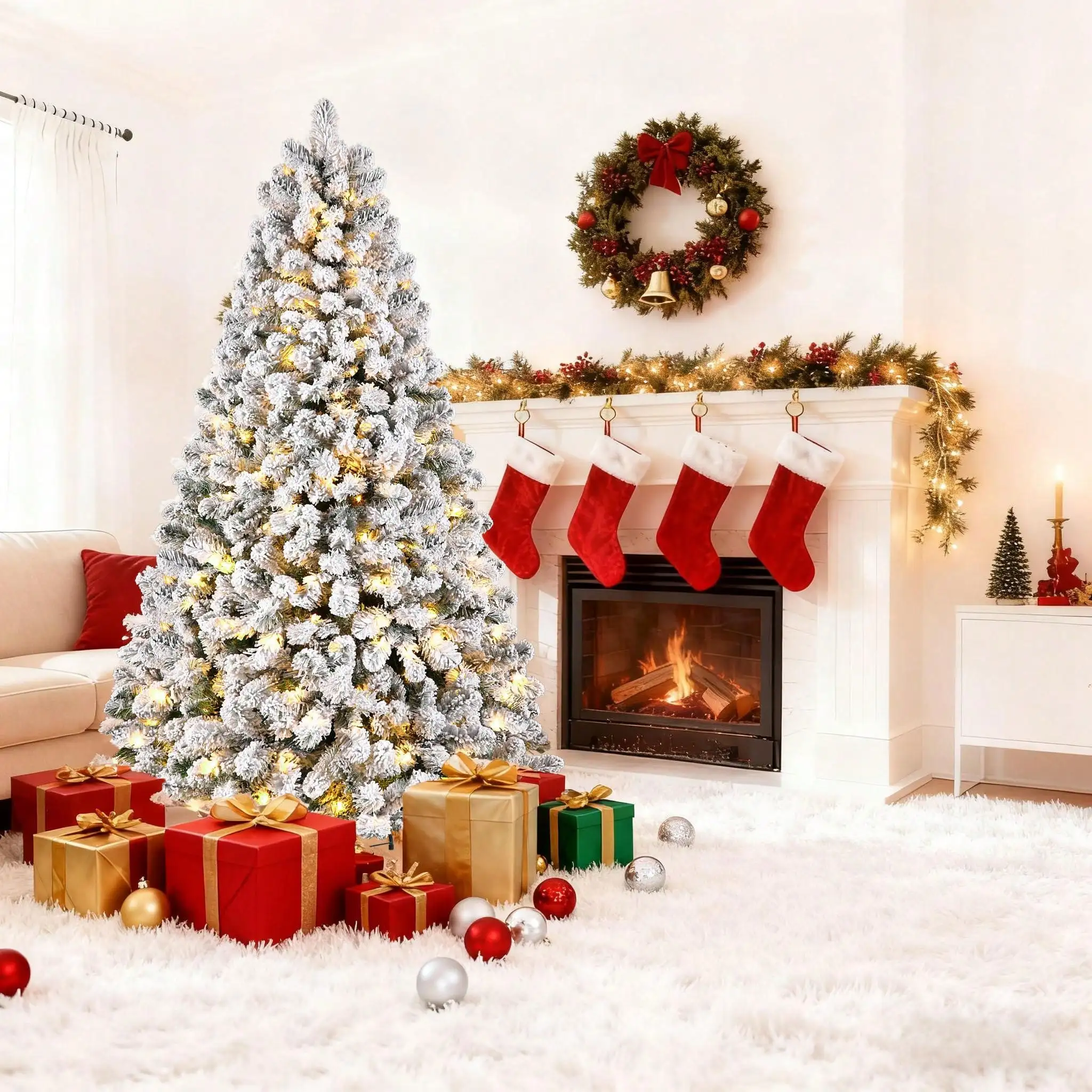 

SHARECONN 4-9ft Prelit Snow Flocked Artificial Holiday Christmas Tree With Warm White Lights, Foldable Stand,