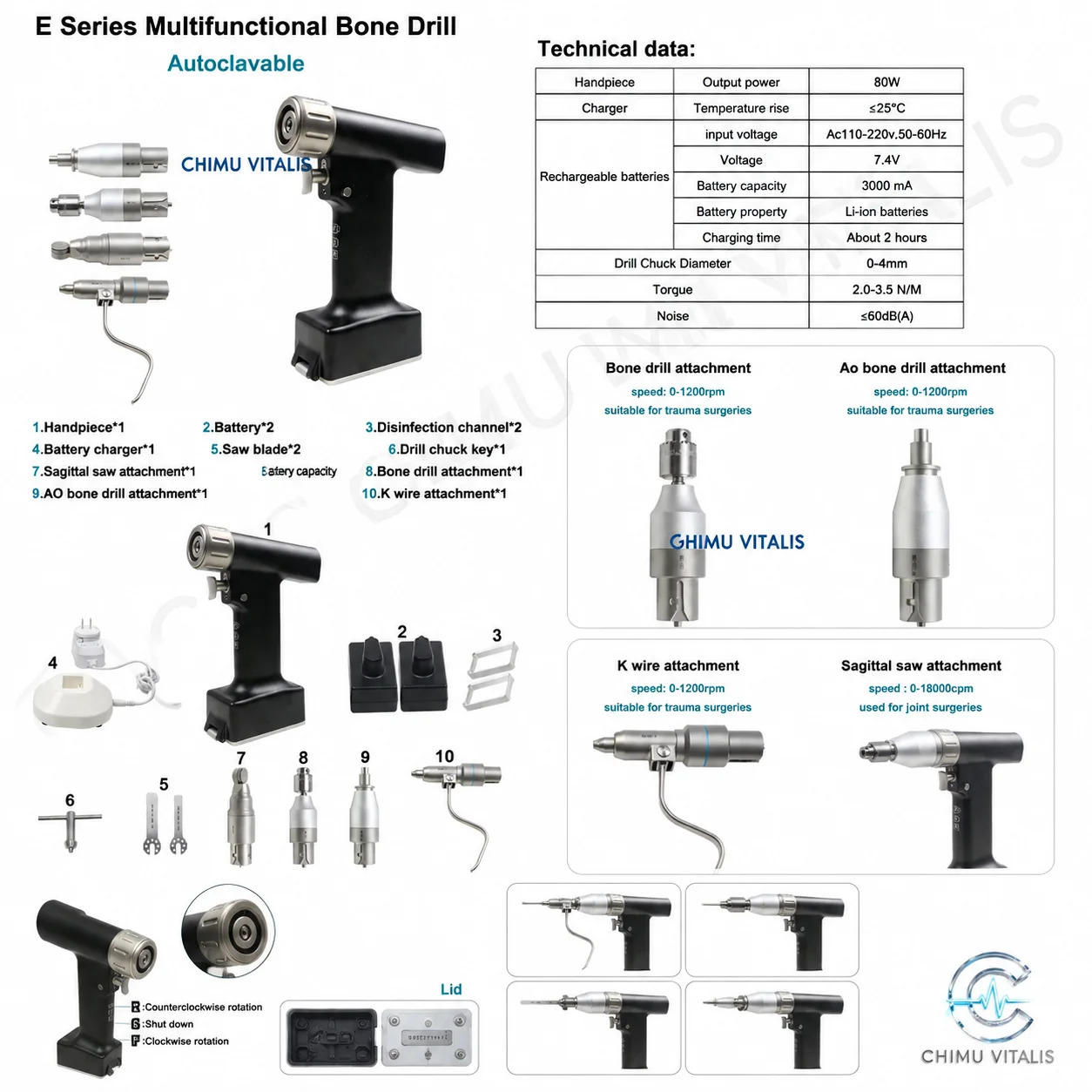 【CHIMU VITALIS】Multifunctional Electric Procedure Drill with Saw and Pin Attachments, Cordless Handpiece - view 2