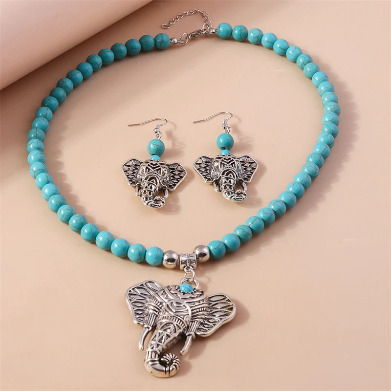 Bohemian Türkis Elefant Halskette Ohrringe Set für Frauen Mädchen Party Urlaub Schmuck Accessoires – Detail 5