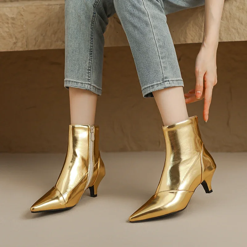 Silver Gold Shiny Ankle Boots Women High Kitten Heel Party Dress Office Lady Winter Fashion Pointed Toe Zipper Plush Short Boots