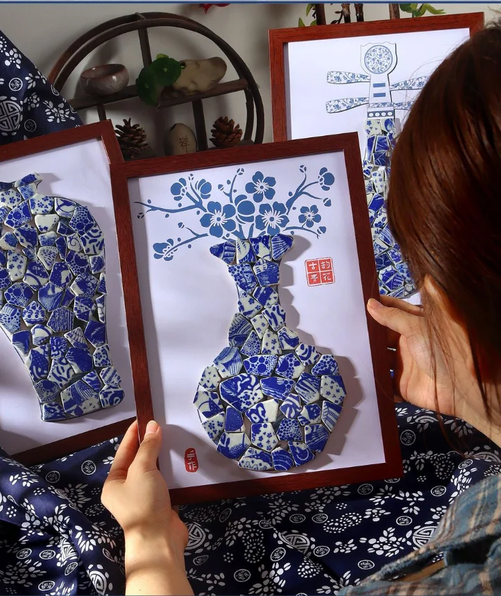 Handmade DIY Ceramic Decal Jingdezhen Blue and White Porcelain Shattered Collage Frame Decorative Home Accents Hanging Art