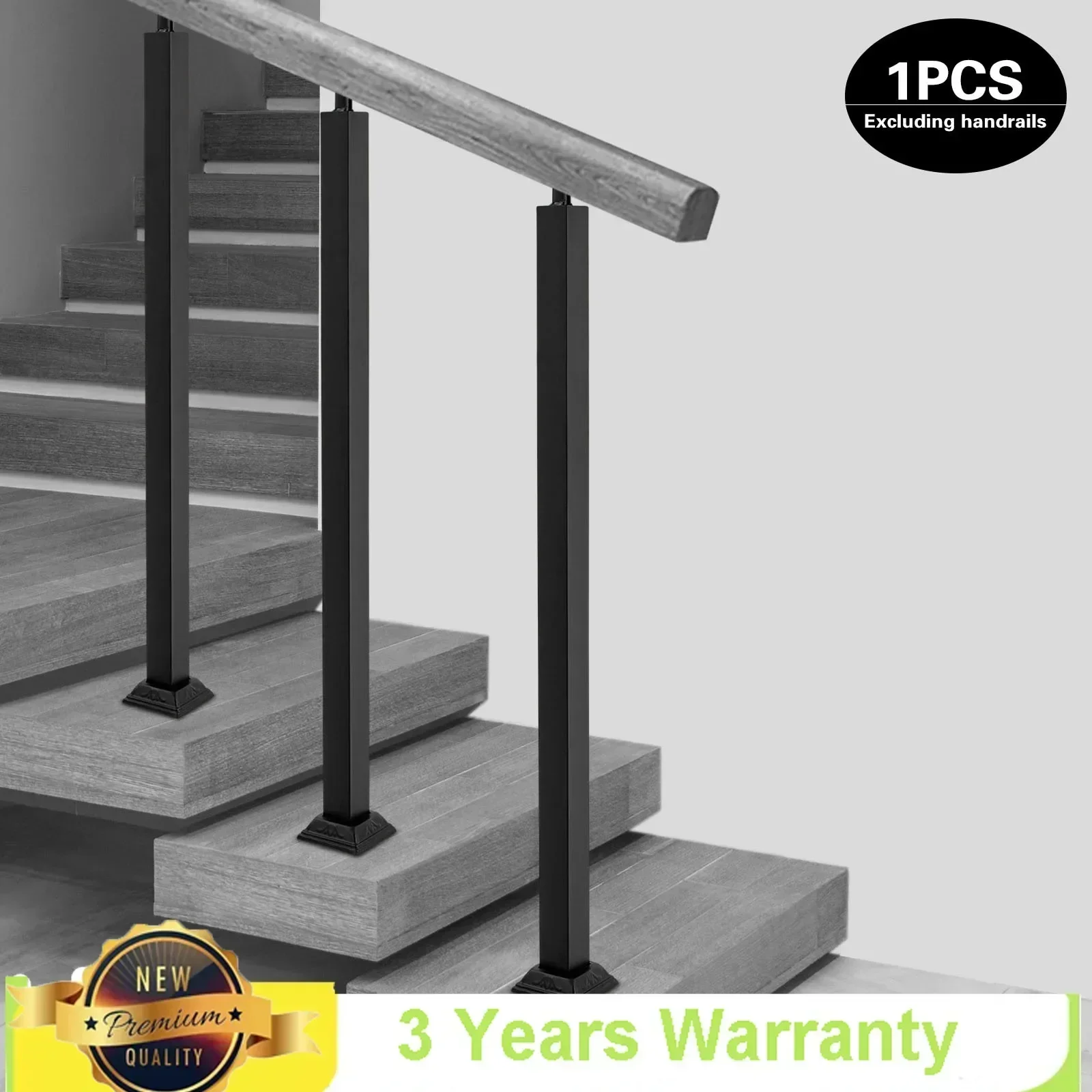 Black Square Metal Railing Spindles with Flat & Adjustable 270° Angle Bracket, Banister Column for Deck&Steps, Stairs Remodeling