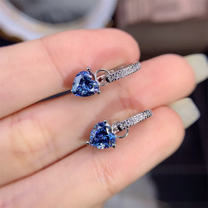 Heat Shape Earrings for Women 1ct/pcs Total 2ct Blue Moissanite Earring with 925 Silver D Color Drop Earring for Women