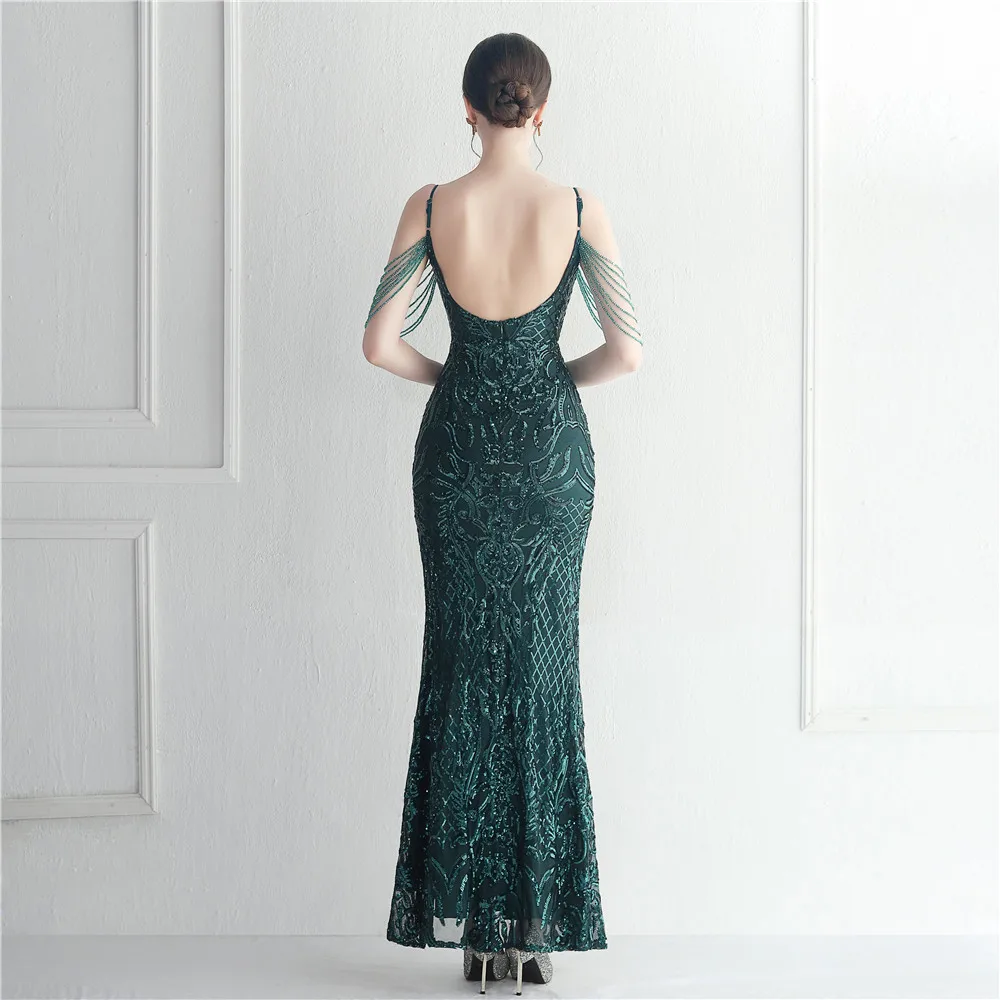 Impresionante vestido de noche de sirena sin espalda con tirantes finos divididos, vestido de graduación elástico con lentejuelas de talla grande, 2023 en Stock