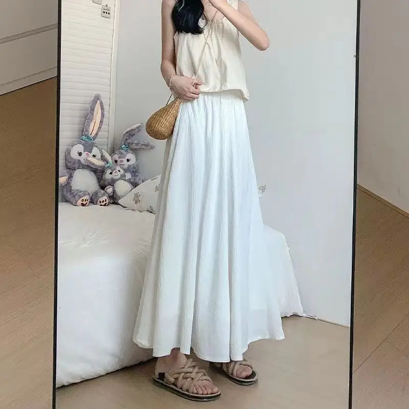 Korean School Style Summer Black White Wide Leg Pants Women High Waist Fashion Linen Skirt Pants Elegant Palazzo Trousers