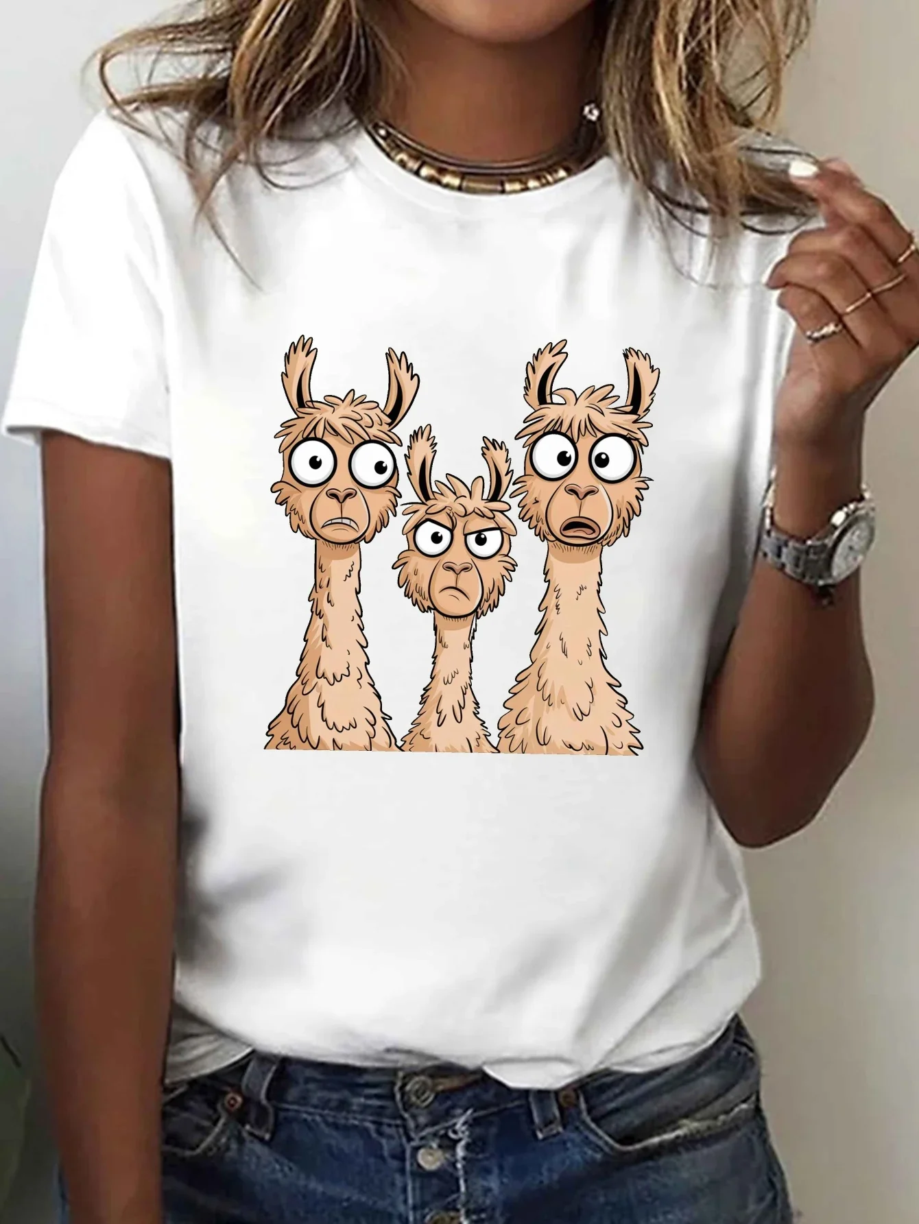 Women's Men's Kids Funny Alpacas Cartoon Print T-Shirt Casual Crew Neck Short Sleeve Women Summer Spring Top T-Shirt Clothing