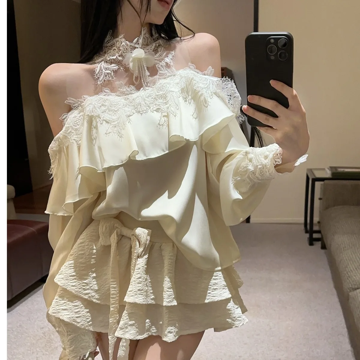 Sweet Embroidered Tulle Ruffle Lace irt And Cake Skirt Women's Set Autumn New Sle Long Sve One oulder Faion Ensemble