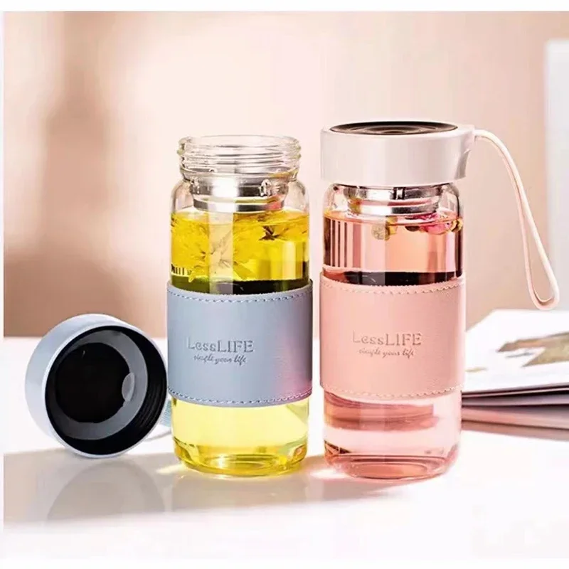 500ml High Quality Portable Glass Bottle Simple Style Glass Cup with Tea Filter Milk Drinking Bottle with Screw Lid Filter Net