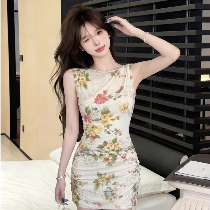 Elegant Floral Slim Fit Shoulder Summer New Style Sweet Spicy Girl Vacation Vibes Wrap around Skirt Fairy Skirt Dress