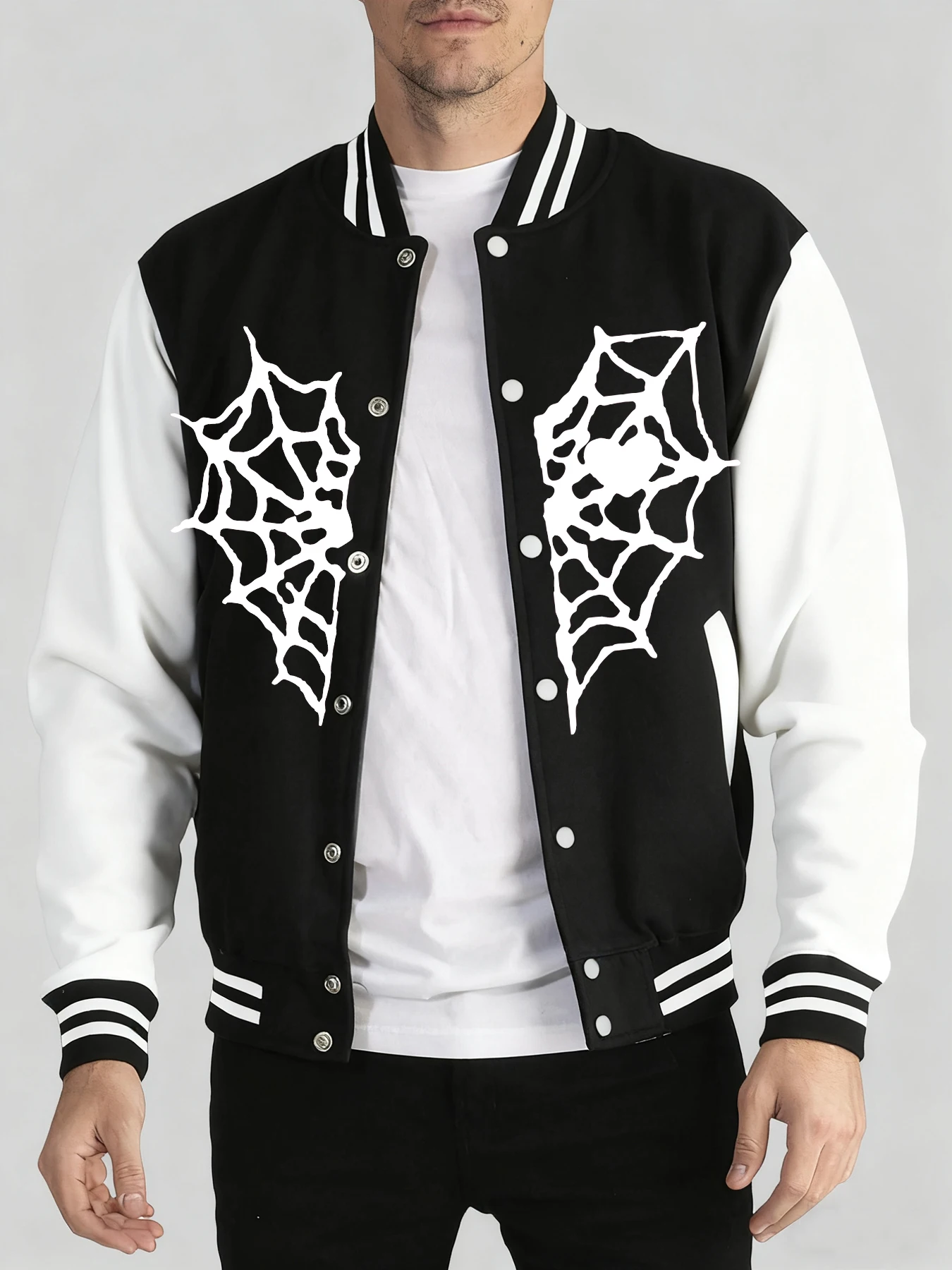 

White Heart-Shaped Spider Web Pattern Baseball Jersey Mens Sports High Street Jackets Autumn Winter Clothes Soft Loose Clothing