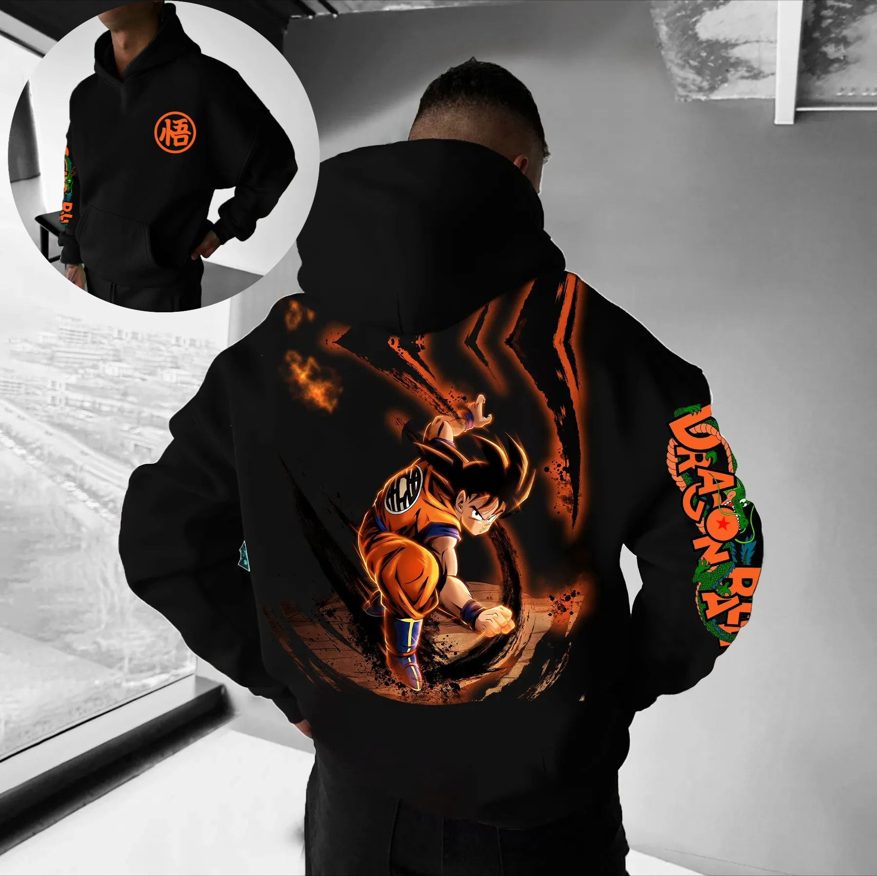 

Dragon Ball Z Goku Kanji Go Orange Circle Аниме Толстовка Мужская Черный Зеленый Дракон Рукав Принт Уличная Мода Повседневная Косплей