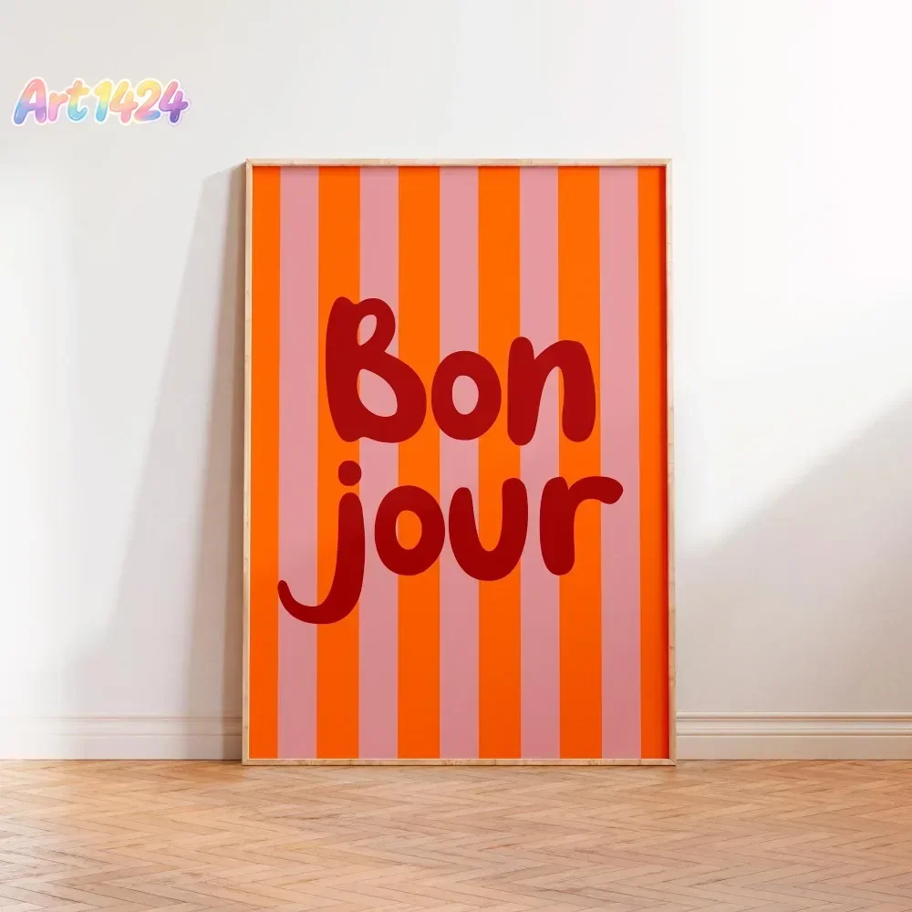 1 Piece of Frameless Canvas Poster,Hello,Bonjour,Bold Multicolor Striped Art Poster Canvas Decor Painting,Living Room Wall De