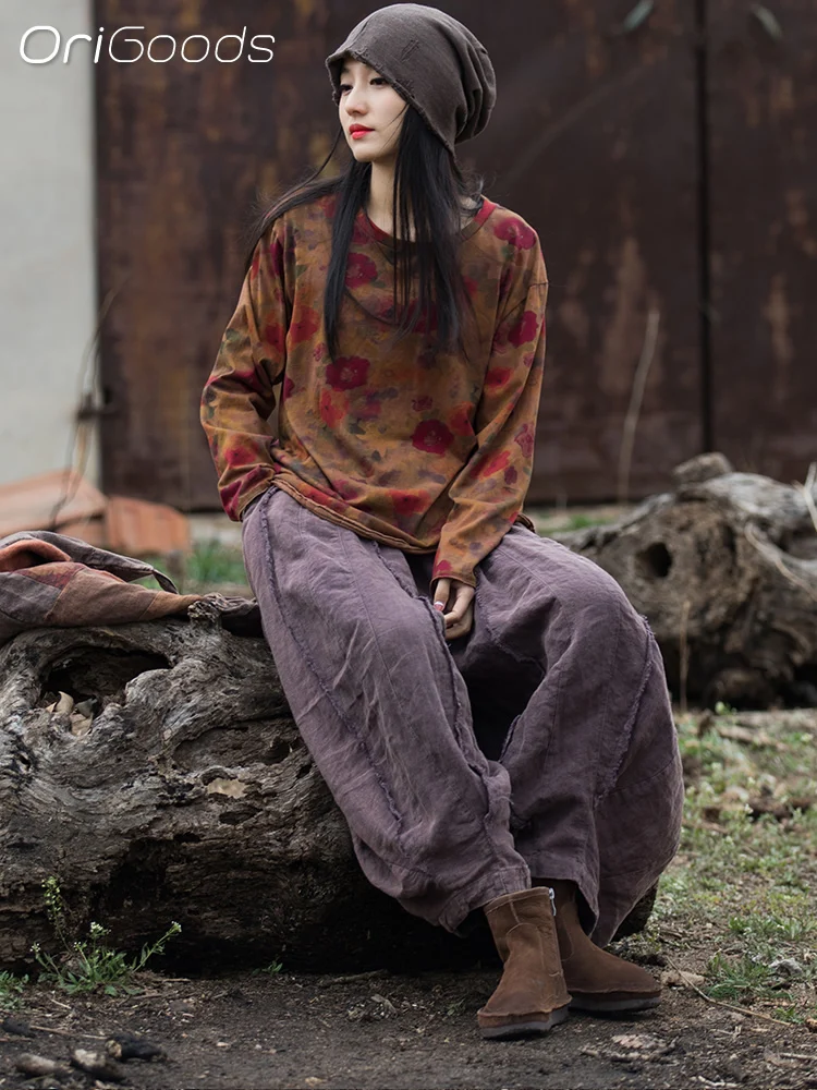 OriGoods Vintage Oversized Baggy Pants Women Ramie Cotton Novelty Original Loose Pants Purple Zen Chinese style Trousers B128