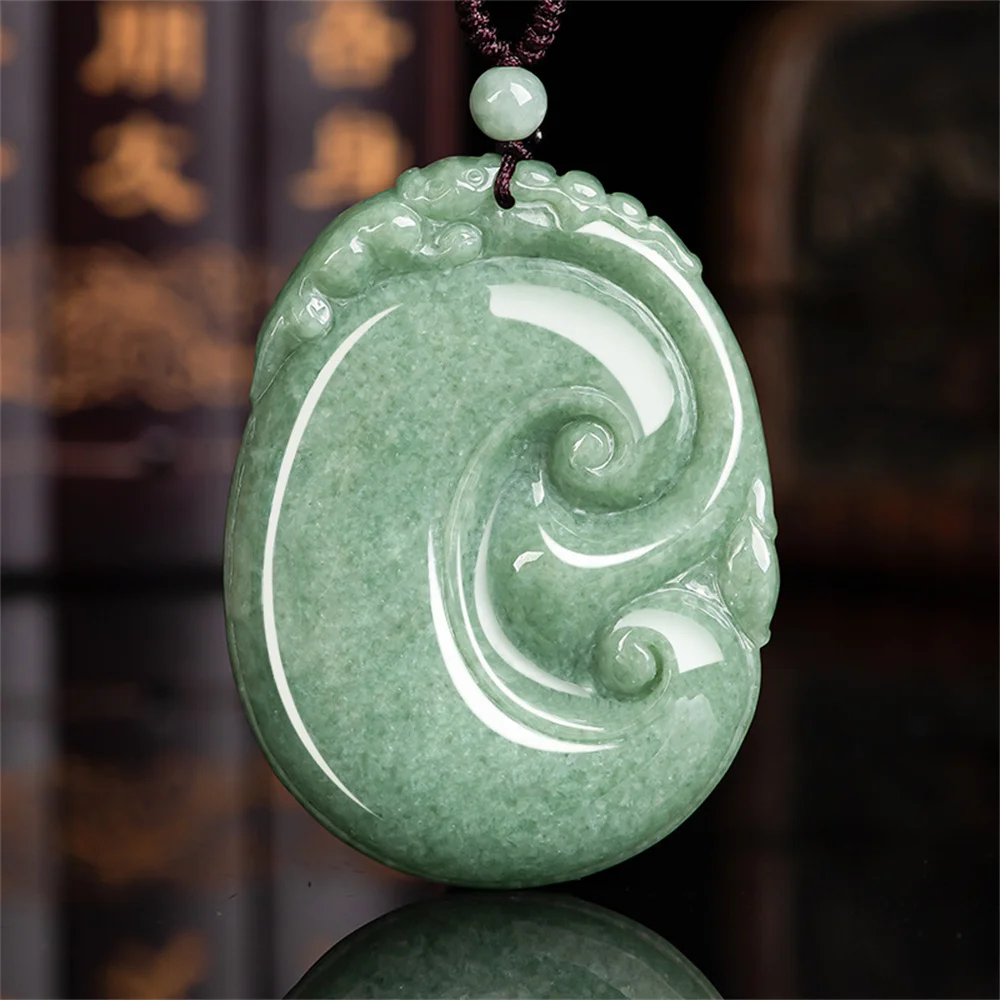 

Retro Natural Ice Green Jadeite Carved Chinese RuYi Lucky Pendant Amulet Necklace Certificate Luxury Jade Vintage Jewelry