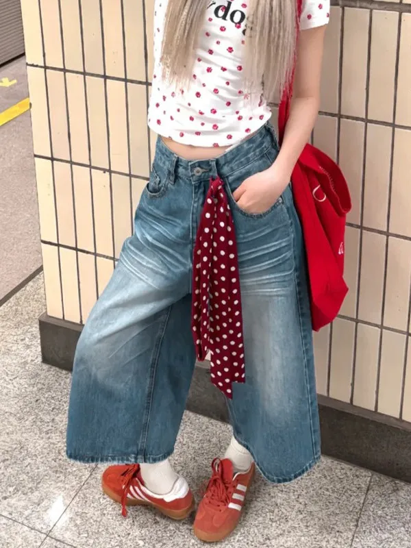 

Light Blue Vintage Women's Jeans 2026 Summer New American Street Loose Slimming Washed Mid-Length Wide Leg Cotton Blend