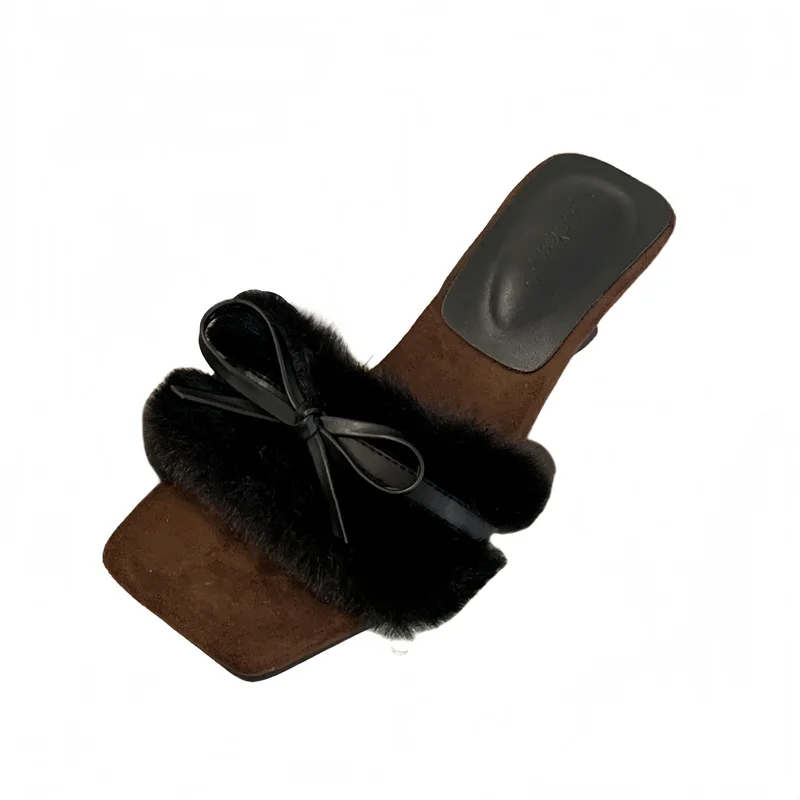 Pink Heels Sandals Black Wedges Slippers Summer Fur Bow Square Toe Shoes 6cm Chunky Heel Slippers For Woman 2026 New
