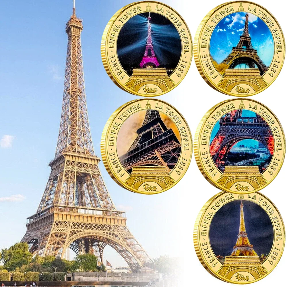 

5pcs/set Eiffel Tower Gold - Plated Coin - Paris Landmark Colorful Scenes Different Paris Scenic Views Souvenir