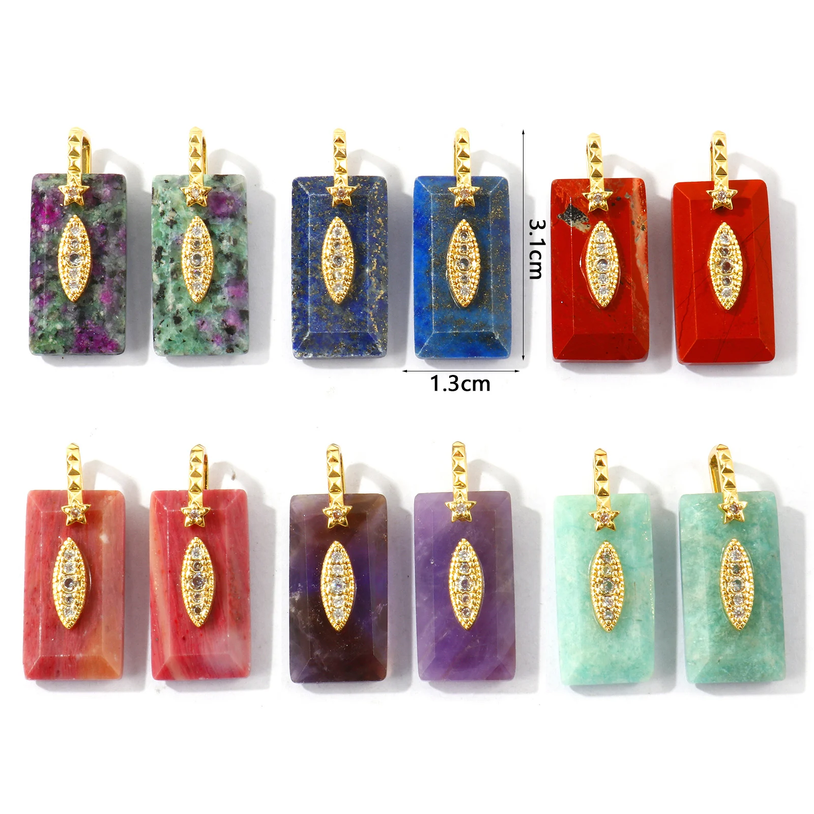 2pcs Multicolor Rectangle Charms Natural Stone Gold Plated Brass Cubic Zirconia Pendants DIY Necklace Jewelry Findings 3.1x1.3cm