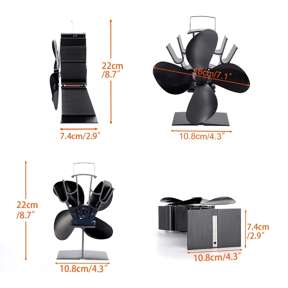 4 lâmina de calor alimentado fogão ventilador lareira preto komin log queimador madeira eco casa ventilador silencioso eficiente distribuição calor