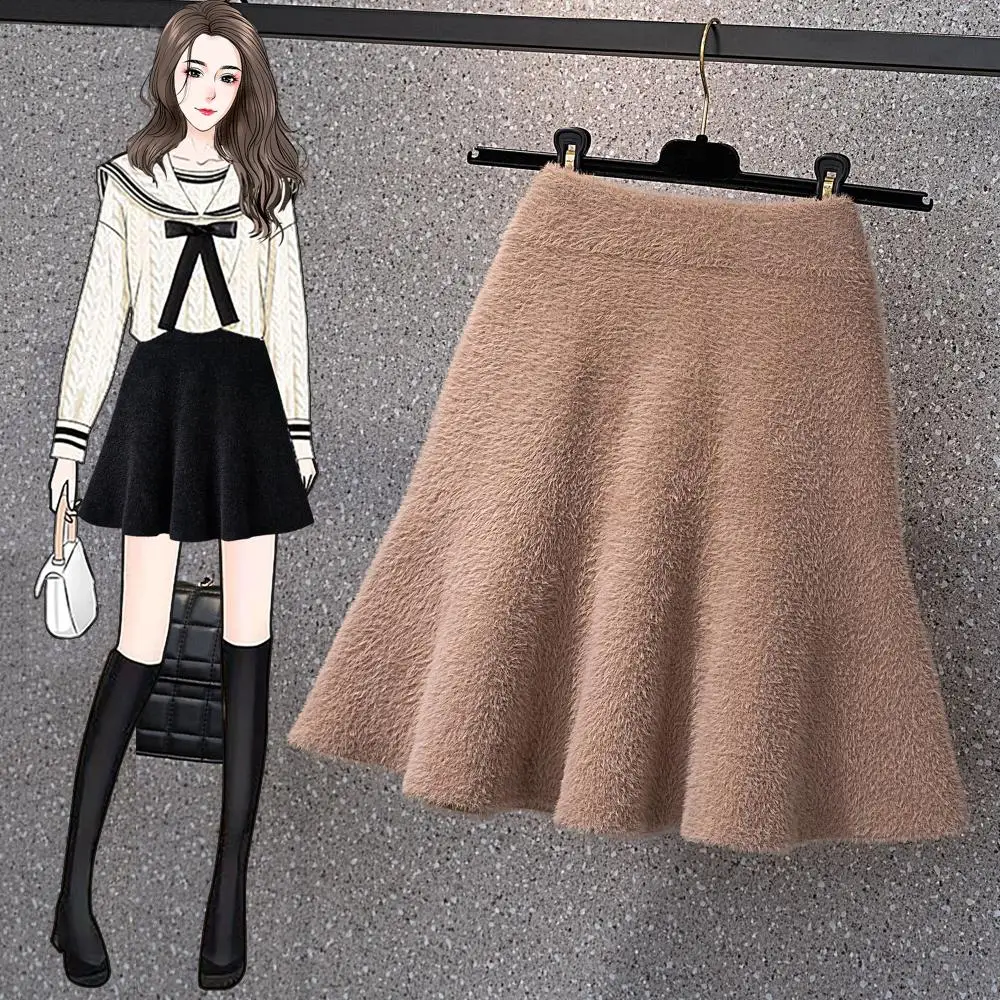 

Autumn Winter Imitation Mink Velvet Mini Skirts Women Hight Waist Large Size Black Khaki Korean Style A Line Loose Solid Clothes