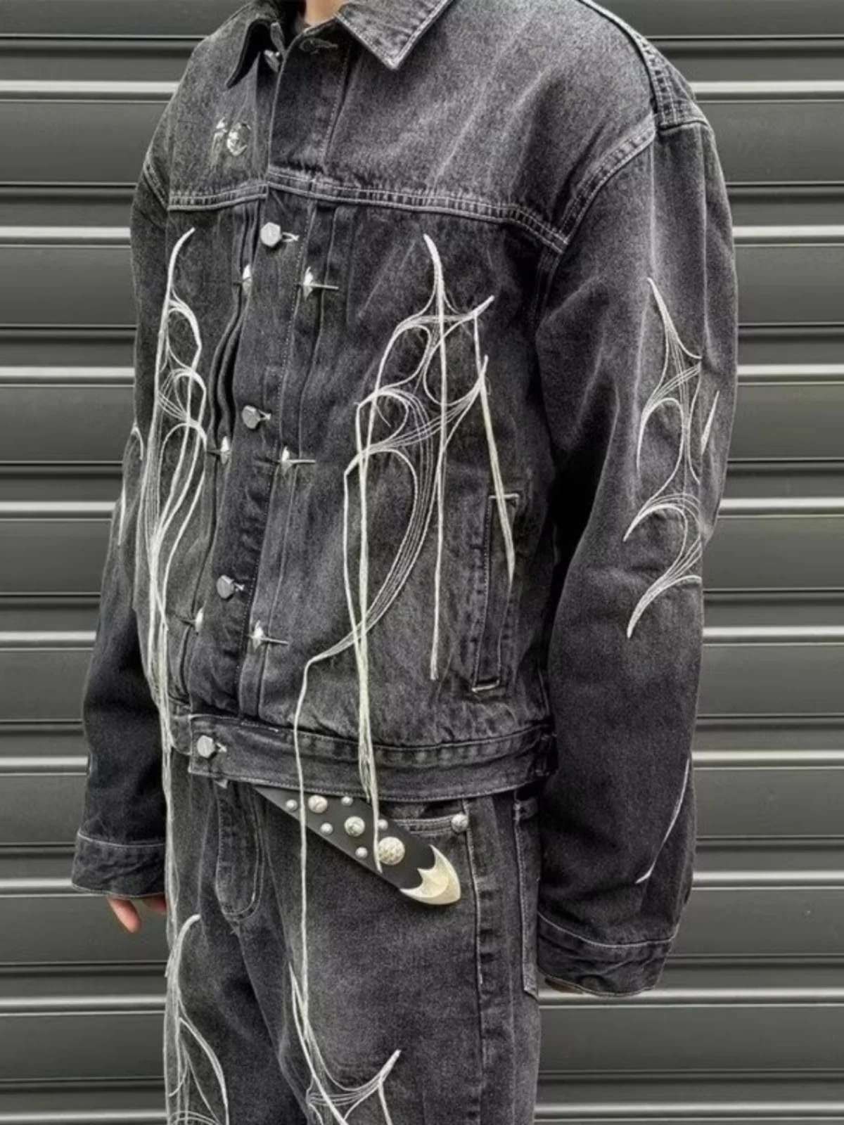 

Retro American Tassel Waed Bla ort Men's Denim Jaet Youth Trendy Outerwear Autumn Season Casual Loose Fit Long Sve