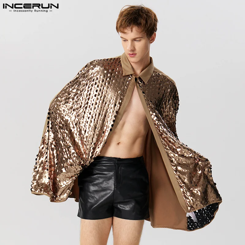 INCERUN Men Cloak Patchwork Shiny Lapel One Button Loose Fashion Irregular Trench Ponchos Streetwear 2024 Casual Cape Coats Men