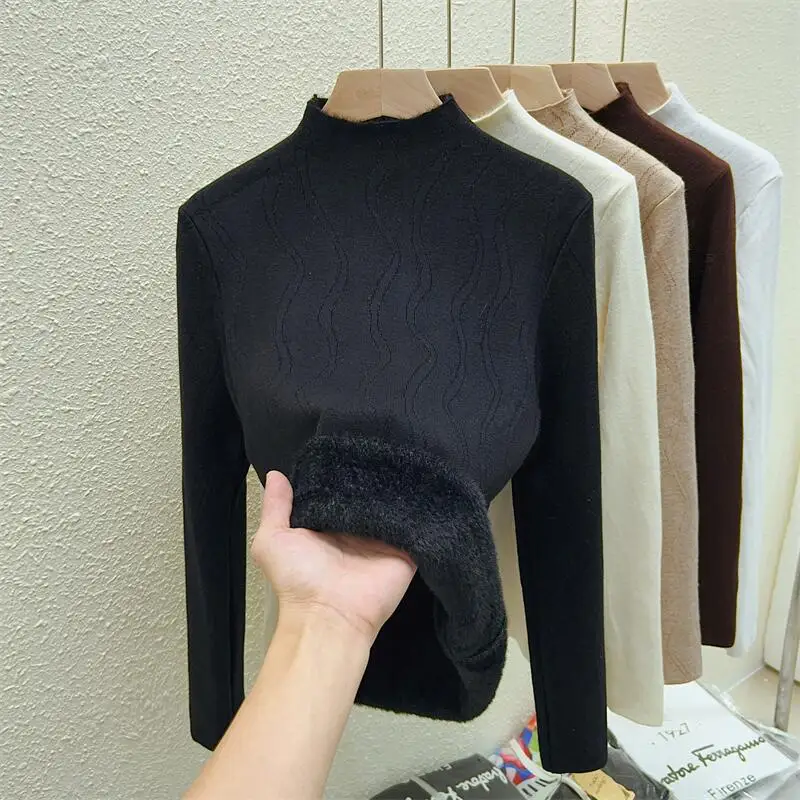 

Осенне-зимний женский новый волнистый пуловер с полуводолазкой, свитер, модный тонкий однотонный трикотаж, интегрированный флисовый топ