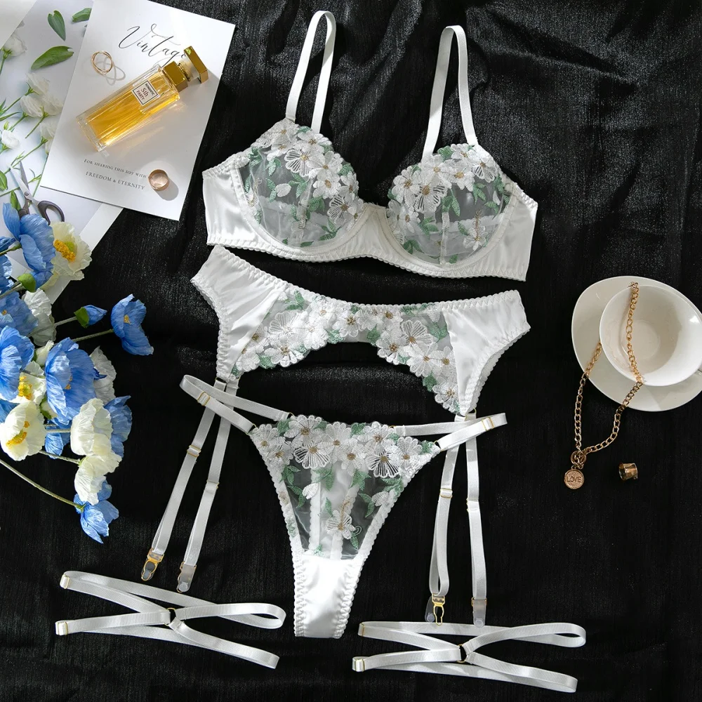 Krasapt luxo branco flor bordado lingerie 4 pçs define malha romântica pura sutiãs e tangas liga ternos sexy roupas eróticas