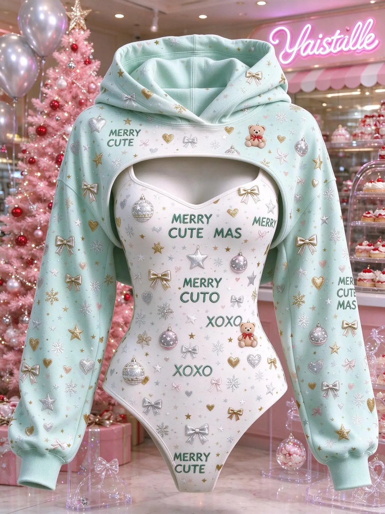 Women Christmas Cute Bear Heart Bow Snowflake Print 2 Piece Outfit Hooded Shrug Bodysuit Long Sleeve