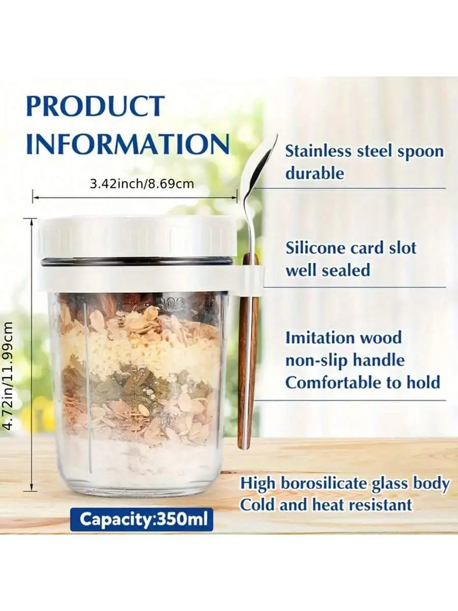 1PC 350ml overnight oatmeal container with lid and spoon, large capacity airtight overnight oatmeal jar with measurement mark,