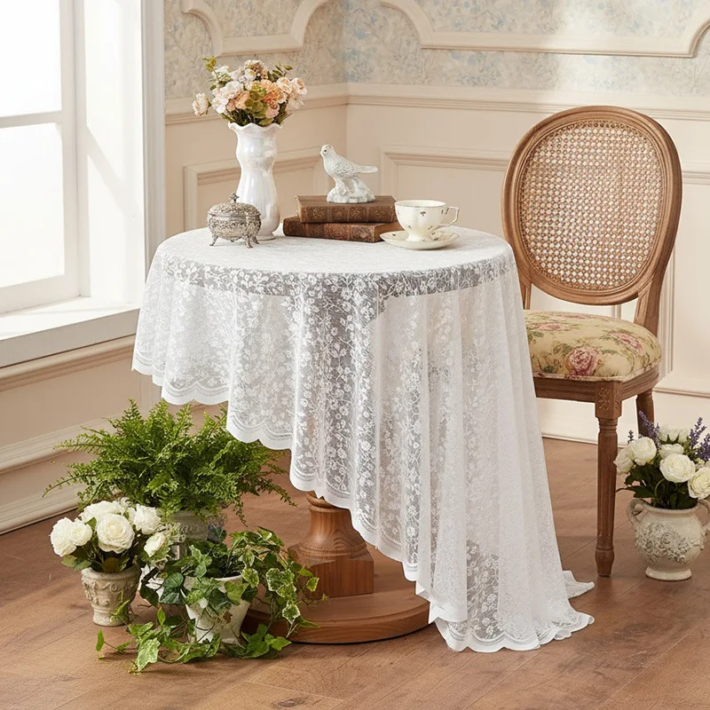 180cm Round French Floral Tablecloth Vintage Embroidery Snowy Elegant White Lace Table Cloth for Wedding Birthday Party Decor