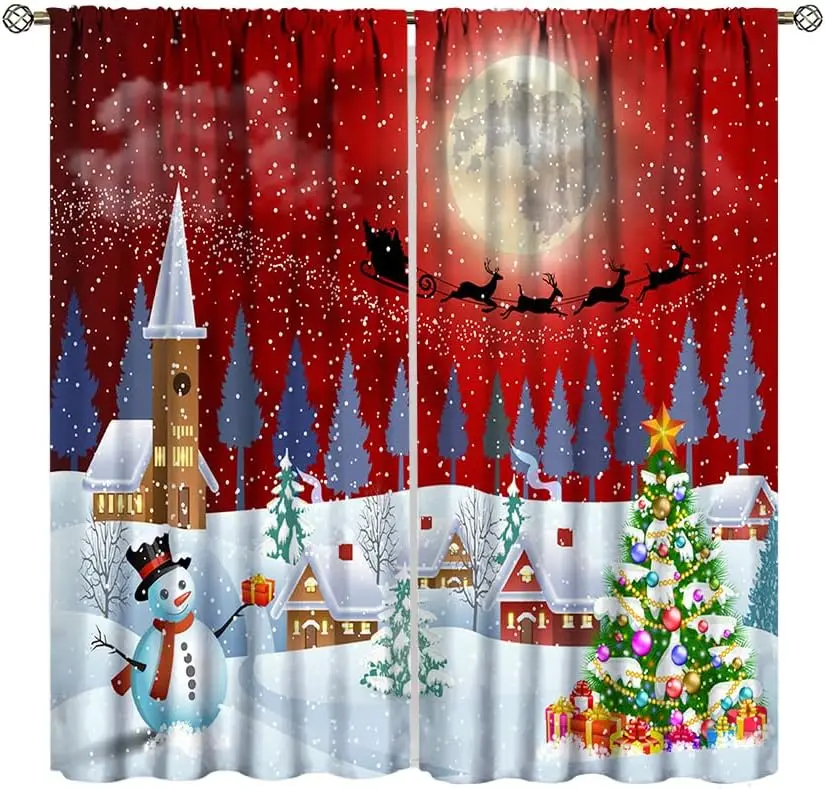 

Red Christmas Curtains,Happy New Year Window Decor,Snowman Christmas Tree Print Window Curtains for Bedroom Kitchen Party