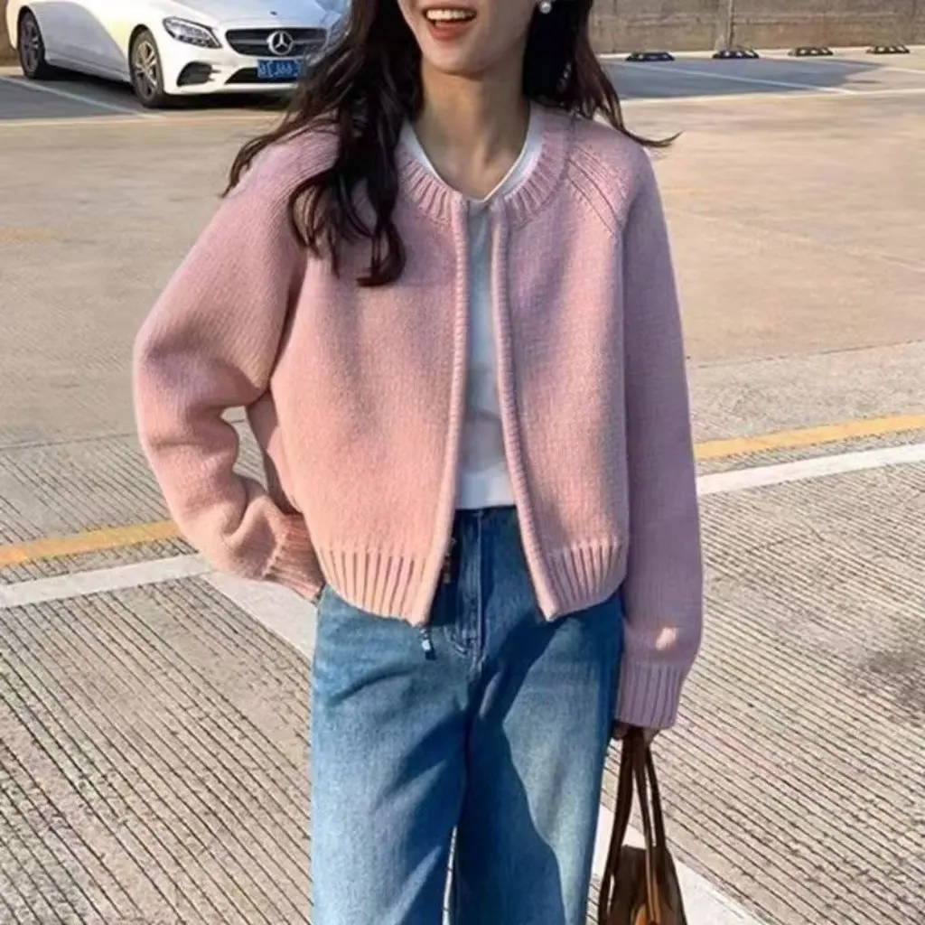 

Women's Loose Gray Short Sweater Jacket Autumn Winter Thickened Zipper Long-Sleeved Knitted Cardigan Top