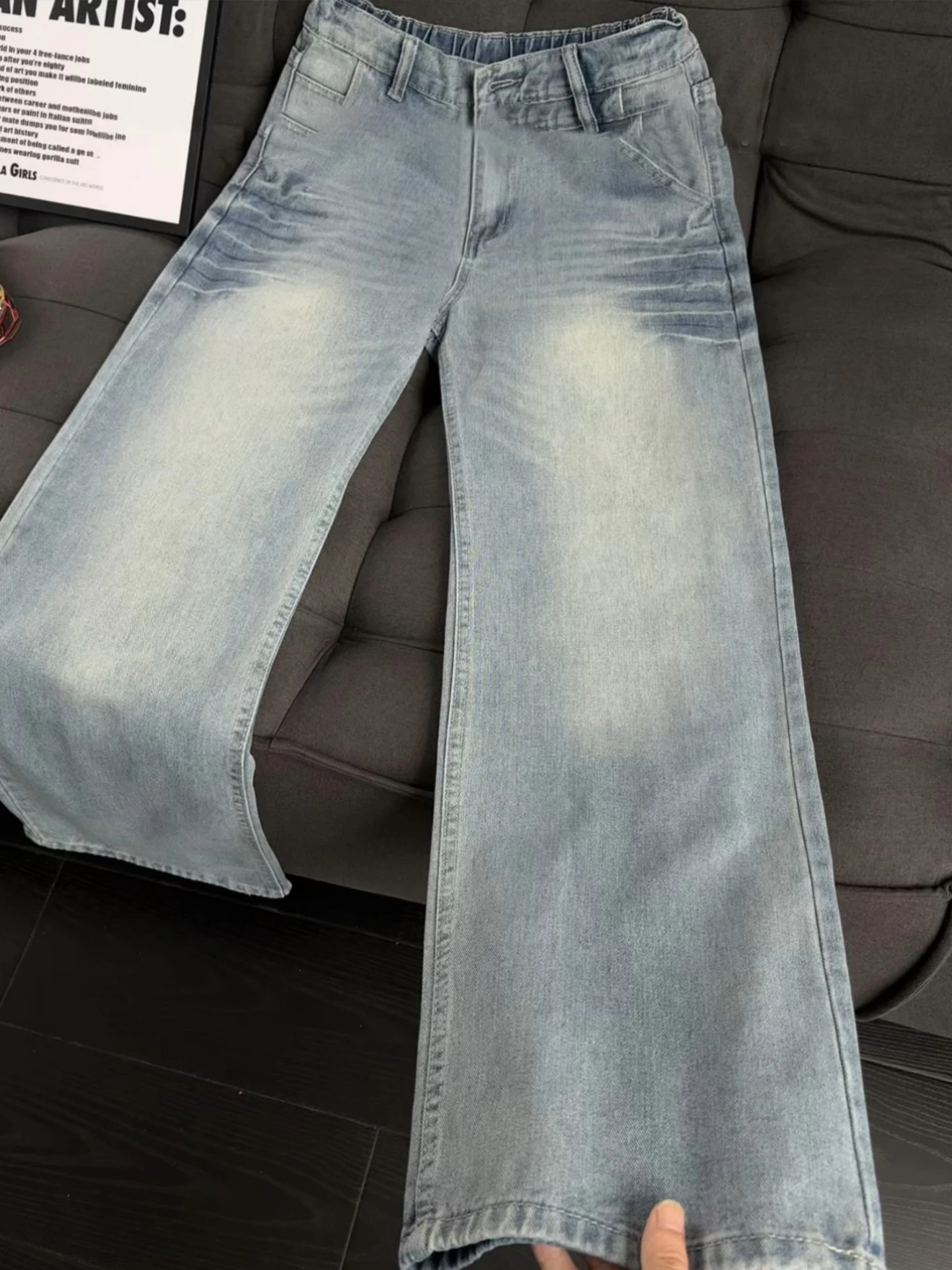 

Мужские летние тонкие джинсы прямого кроя Slim Fit в американском стиле High Street, с узором «Ледяной глыба» и эффектом «Молния», повседневные