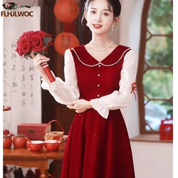 New Year Christmas Chic Elegant Annual Meeting Red Dress Women Square Neck French Design Bling Beaded Bride Long Velvet Dresses