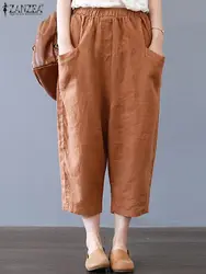 ZANZEA Summer Trousers Women Vintage Solid Harem Pants Elastic Waist Long Pantalon Palazzo Casual Loose Cotton Turnip Oversize