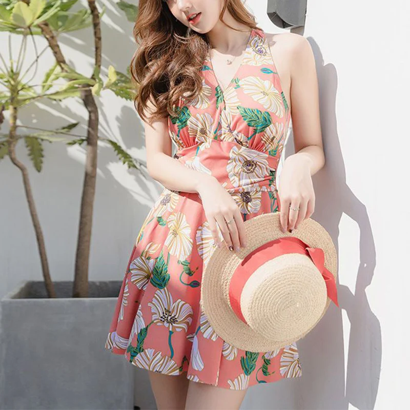 Elegant Fashion Kawaii Chic Swimsuits Women Print All Match Korean Style Dress Short Sleeve Bowknot Lady Swimwear Female Clothes