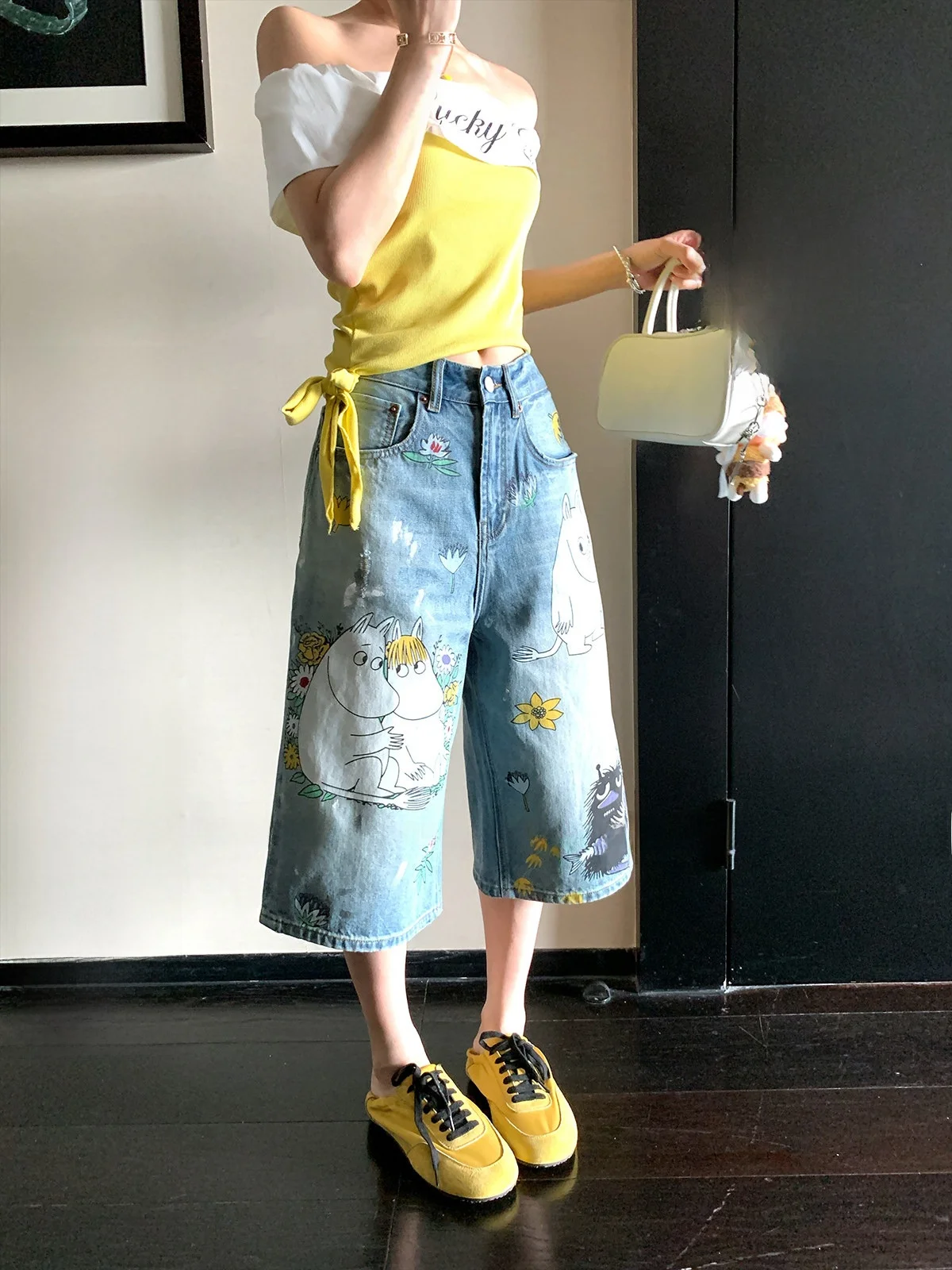 

LIONE милые джинсовые брюки с мультяшным принтом и высокой талией, широкие брюки на семь футов, повседневные синие джинсы для молодых женщин