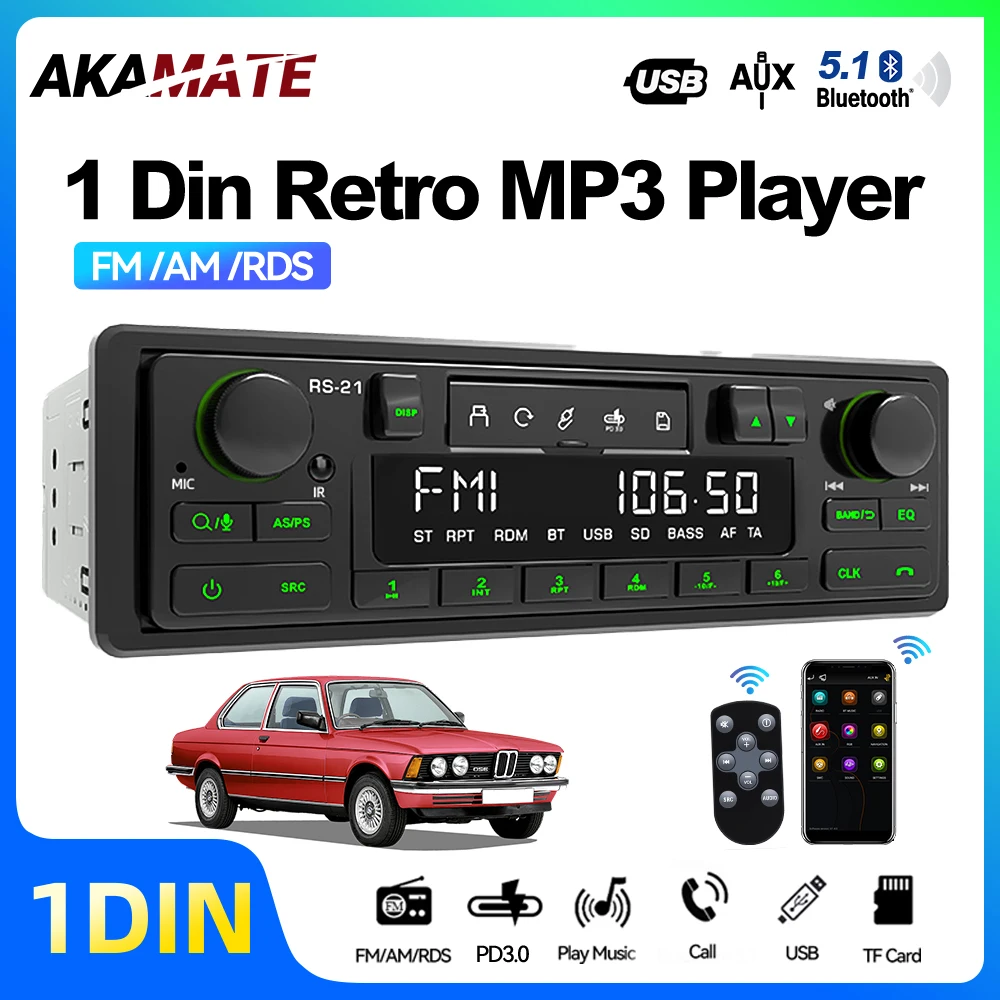 Classic Car Radio Retro Style Bluetooth5.1 AUX FM AM RDS EQ QC3.0 Voice Control 12V Multimedia Stereo USB TF Player 1 Din MP3